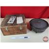 Image 1 : "LODGE No. 12" Cast Iron Pot with Handle & Lid (Footed) c/w Wooden Carry Box & Pamphlet (Wood Case M