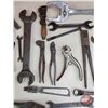 Image 3 : Vintage Tool Grouping with Sunflower Wooden Butter Box : Incl. Glazing Point Gun; Wrenches; Pliers; 