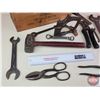 Image 6 : Vintage Tool Grouping with Sunflower Wooden Butter Box : Incl. Glazing Point Gun; Wrenches; Pliers; 