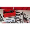 Image 1 : Vintage Shop/Mechanics Tool Grouping in Red Metal Box  (Red Box Measures: 7"H x 16-1/2"W x 11"D) (SE