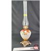 Image 1 : Coal Oil Lamp : Floral/Milk Font : Footed Cast Base (Measures Total with Chimney : 24"H) (SEE PICS!)