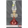 Image 1 : Coal Oil Lamp : Clear Font : Red Base : P&A Burner (Measures Total with Chimney : 18"H) (SEE PICS!) 