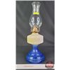 Image 1 : Coal Oil Lamp : Blue Base : Milk Font : White Flame Burner (Measures Total with Chimney : 18"H) (SEE