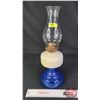 Image 2 : Coal Oil Lamp : Blue Base : Milk Font : White Flame Burner (Measures Total with Chimney : 18"H) (SEE