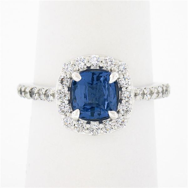 NEW Platinum 1.89 ctw GIA NO HEAT Cushion Blue Spinel Brilliant Diamond Halo Rin