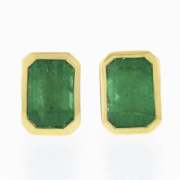 14k Yellow Gold 1.30 ctw Emerald Cut Bezel Set Green Emerald Classic Stud Earrin