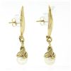 Image 4 : 14K Yellow Gold Grooved Textured Wing Feather White Pearl Drop Dangle Earrings