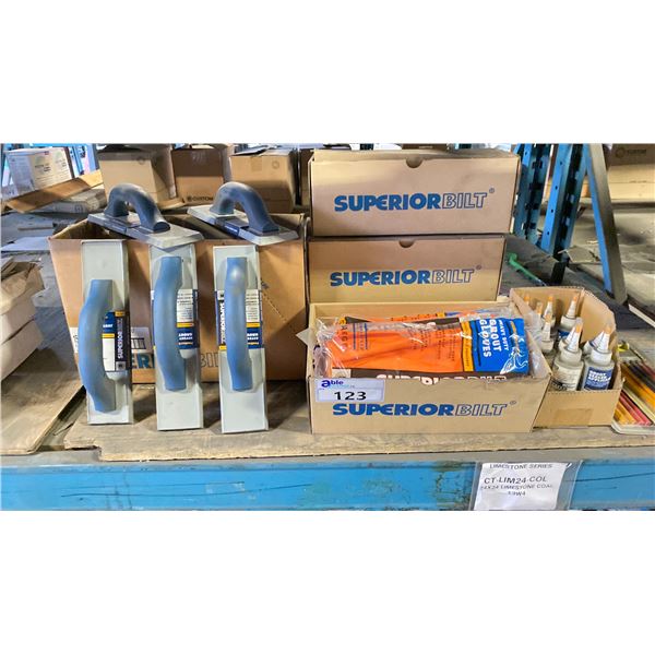 GROUP OF TILE SETTING ITEMS - 5 SUPERIOR BILT OFF SET GROUT FLOATS. 4 BOXES GROUT GLOVES