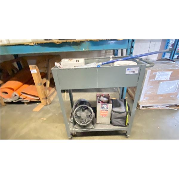 2 TIER METAL CART MISSING WHEEL WITH CONTENTS; FANS, TAPE, HAMMER AND MORE