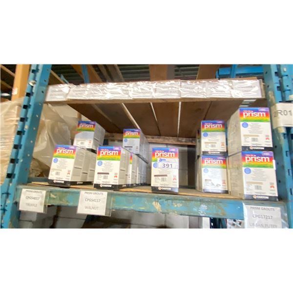 SHELF OF ASSORTED COLOUR PRISIM CEMENT GROUT; 5 BOXES BONE, 8 BOXES BROWN VELVET, 2 BOXES COFFEE