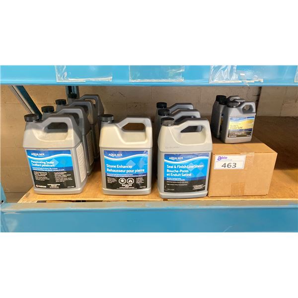 SHELF OF AQUA MIX 1 GALLON JUGS - PENETRATING SEALER, STONE ENHANCER, SEAL/FINISH LOW SHEEN &