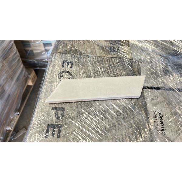 PALLET OF EQUIPE 18.6X5.2CM TILES, COLOUR CHEVRON WALL SKY WHITE LEFT, 48 PIECES PER BOX, APPROX