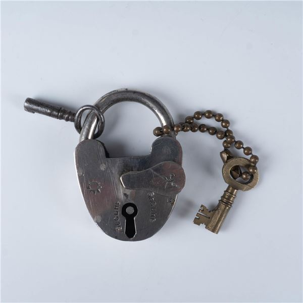 Antique Original Polished Steel Padlock w/ Keys & Cover