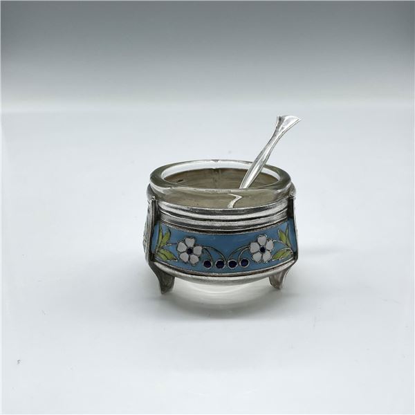 2pc Russian Silverplate and Enameled Salt Cellar with Spoon