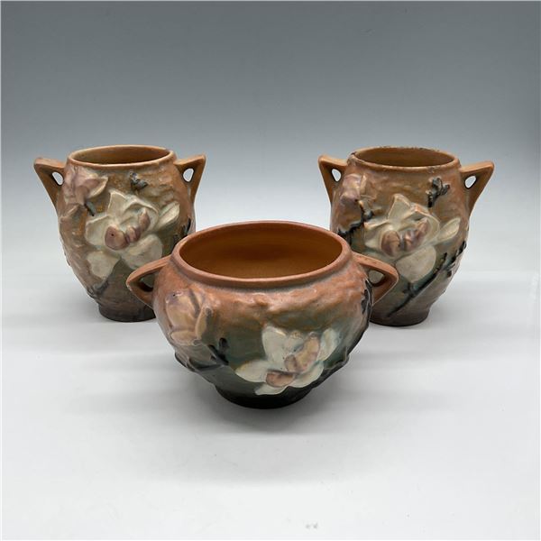 3pc Roseville Pottery Jardiniere & Vases, Magnolia Brown
