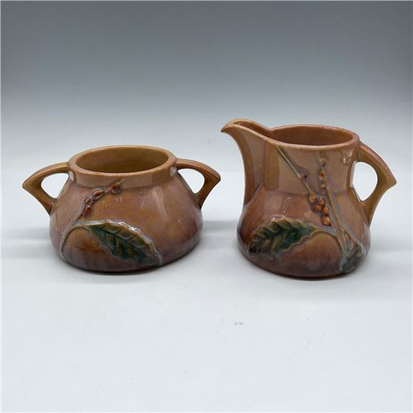 2pc Roseville Pottery Sugar Bowl & Creamer, Laurel