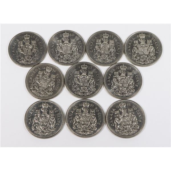 #70 LOT OF 10 CANADA FIFTY CENT COINS 1968 TO 1985