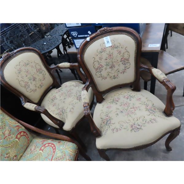 Antique Mahogany Queen Anne Needlepoint Armchairs - Pair