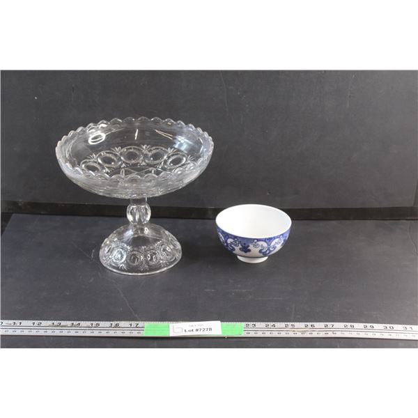 Antique EAPG Flint Mignon Candy Compote Glass Footed Dish and Porcelain Rice Bowl