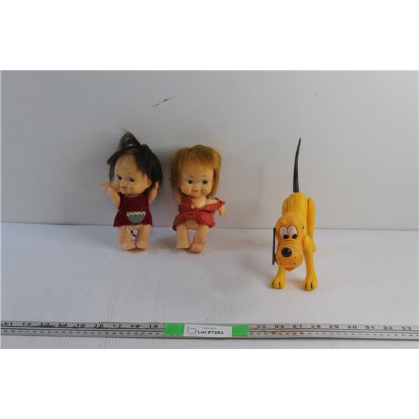 (2) Vintage Made in Japan Kids Dolls and Pluto Toy