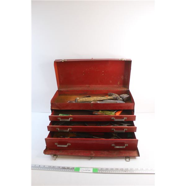 Beach Tin Tool Box, Wrenches, Tape Measure, Pliers. Hammer. Box Cutters and Screwdrivers