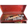 Image 2 : Beach Tin Tool Box, Wrenches, Tape Measure, Pliers. Hammer. Box Cutters and Screwdrivers