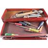 Image 3 : Beach Tin Tool Box, Wrenches, Tape Measure, Pliers. Hammer. Box Cutters and Screwdrivers