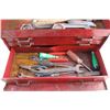 Image 5 : Beach Tin Tool Box, Wrenches, Tape Measure, Pliers. Hammer. Box Cutters and Screwdrivers