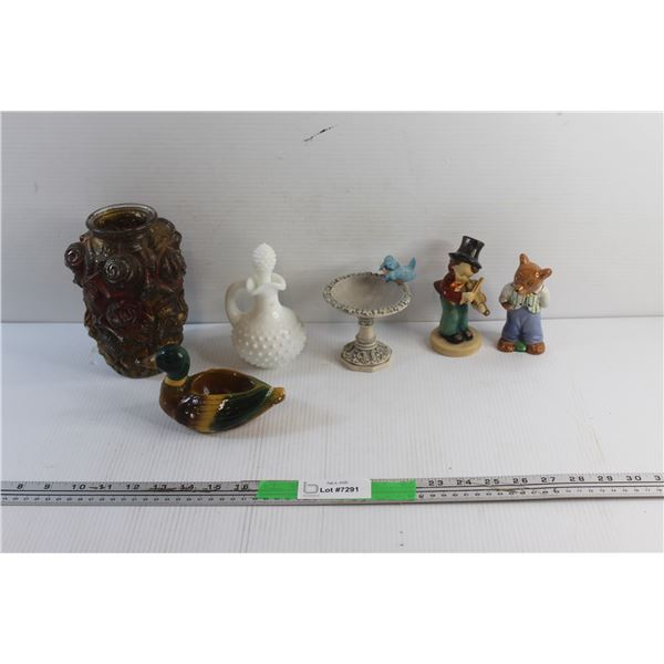 Art Glass Vase, Porcelain Ornaments and Avon Milk Glass Decor Decanter