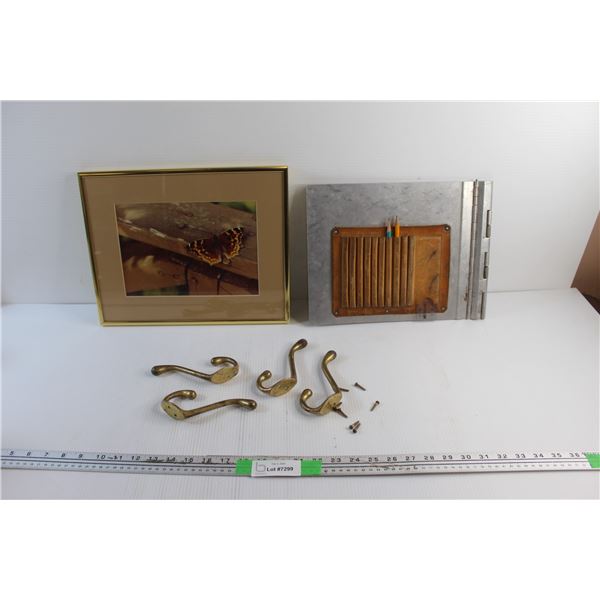 Framed Butterfly Art Print 14'' x 11'' , Vintage Clip Board with Pens & Rulers and Brass Plated Coat