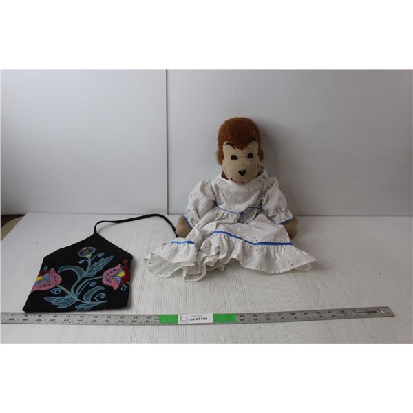Stuffed Monkey with Dress & Stitched Afghanistan Bag