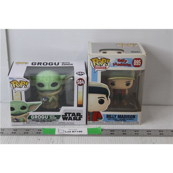 (2) Funko Pop Figurines- # 895 Billy Madison 4" Tall & #584 Grogu Bobblehead 4" Tall NIB