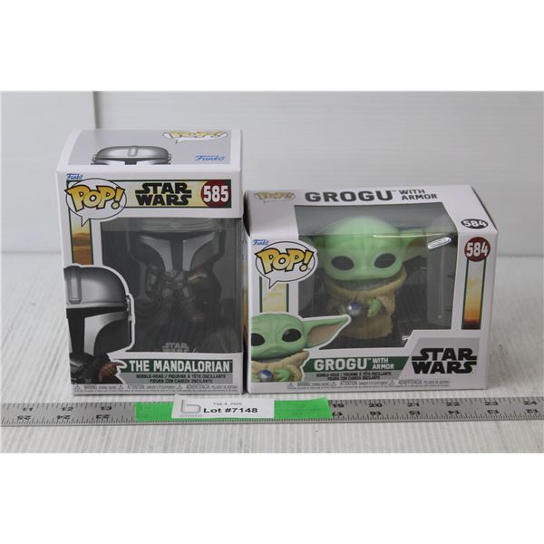 (2) Funko Pop Figurines- #584 Grogu Bobblehead 4" Tall & #585 The Mandalorian Bobblehead 4.5" Tall N