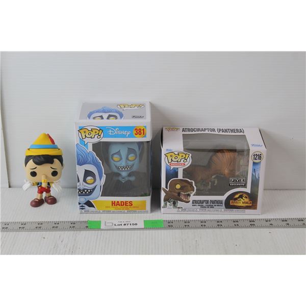 (3) Funko Pop Figurines # 381 Hades 4.5" Tall NIB, Atrociraptor (Pathera) 3" Tall NIB, Pinocchio 5" 