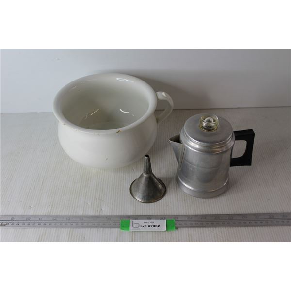 Staffordshire England Porcelain Chamber Pot, Worth more Aluminum, Coffee Percolator, Funnel