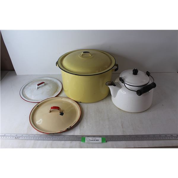 Enamel Pot w/ Lid, Enamel Kettle- 8'' Tall, w/ (2) Extra Lids