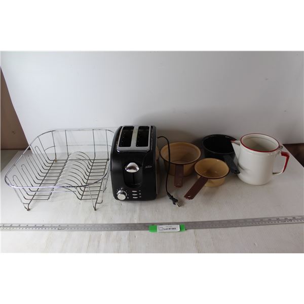 Sunbeam Toaster- Powers On, (4) Enamel Pots/ Pitcher, Metal Plate Drying rack