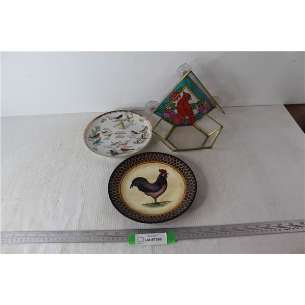(3) Bird Themed Items, (2) Plates, (1) Stained Glass Bird Feeder