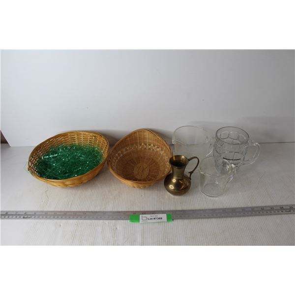 (2) Wicker Baskets, Brass Pitcher Made In India- 4.5'' Tall, (2) measuring Cups- Some Scratches, Mis