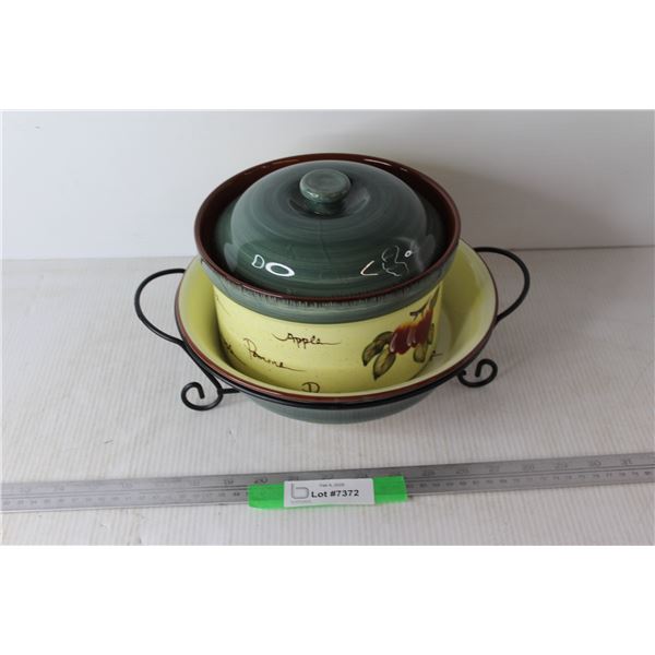 Decorative Ceramic Pot w/ Lid & Bowl On Holding Rack