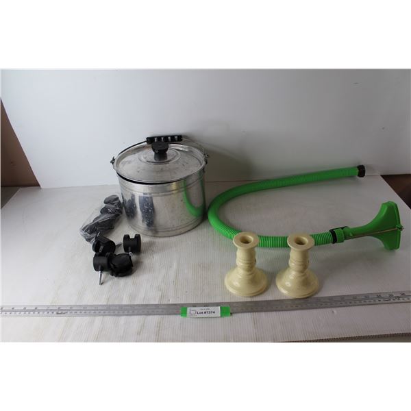 Sprinkler w/ Adjustable Hose, (2) Whiteware Candle Holders- Both 5'' Tall, Metal Pot w/ Lid, Misc.