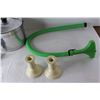 Image 4 : Sprinkler w/ Adjustable Hose, (2) Whiteware Candle Holders- Both 5'' Tall, Metal Pot w/ Lid, Misc.