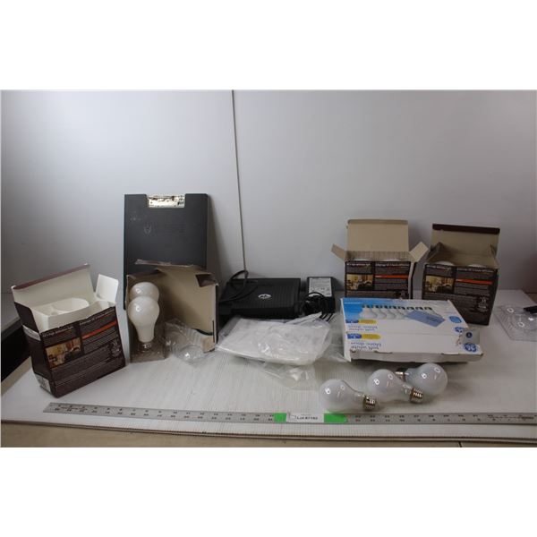 LED 17W & 8W Bulbs, Xplorenet Modem with Cord & Adapter, U of S Clipboard