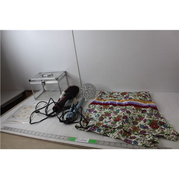 Hair Drying Brush & Straightener- Both Power On, Clear Plastic Storage Box, Ribbon Skirt-Adult S., M