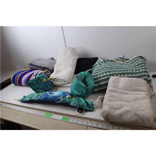 (3) Throw Blankets, (3) Bath Towels, Bath Mat, Swimming Aid 30-50 Lbs.