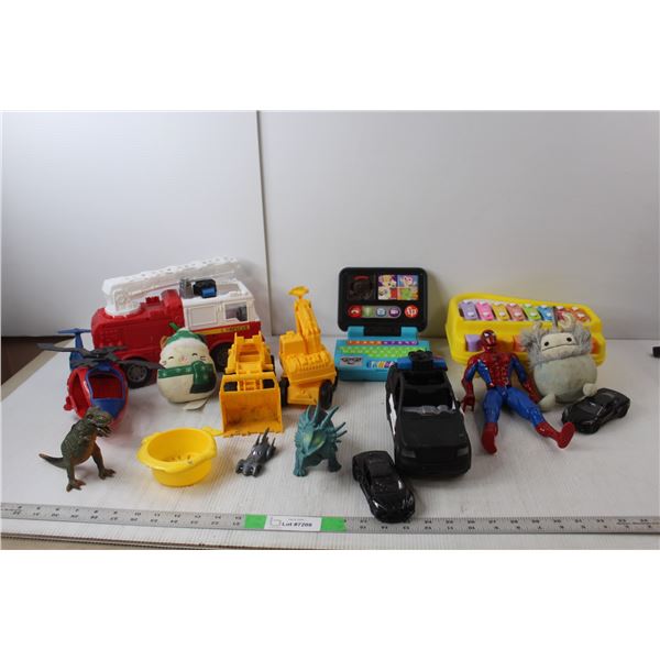 Toy Lot- Piano, Vehicles, Spider Man, Fisher Price Laptop, Misc.
