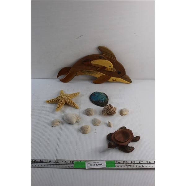 Sea Shells, Wooden Dolphin Decor, Turtle Trinket Holder and Dried Starfish