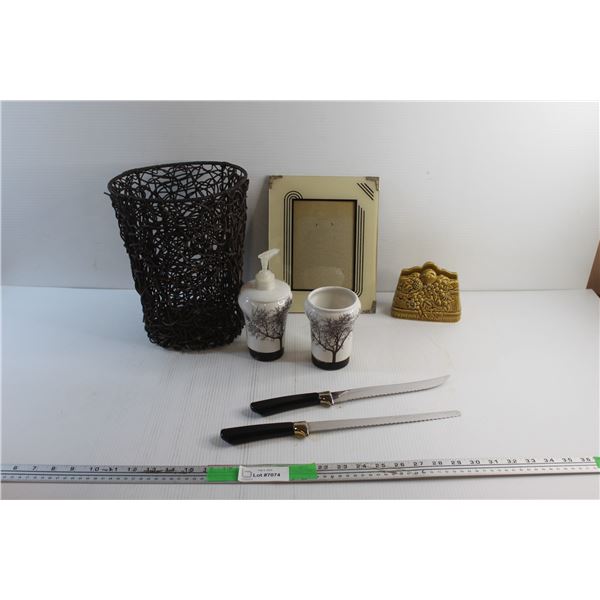 Bread Knives, Wicker Basket, Porcelain Tissue Holder, Photo Frame 7'' x 4 1/2'', Soap Dispenser and 