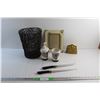 Image 1 : Bread Knives, Wicker Basket, Porcelain Tissue Holder, Photo Frame 7'' x 4 1/2'', Soap Dispenser and 