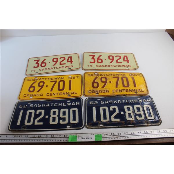 (3) Pairs of 1962, 67 & 75 Saskatchewan License Plates